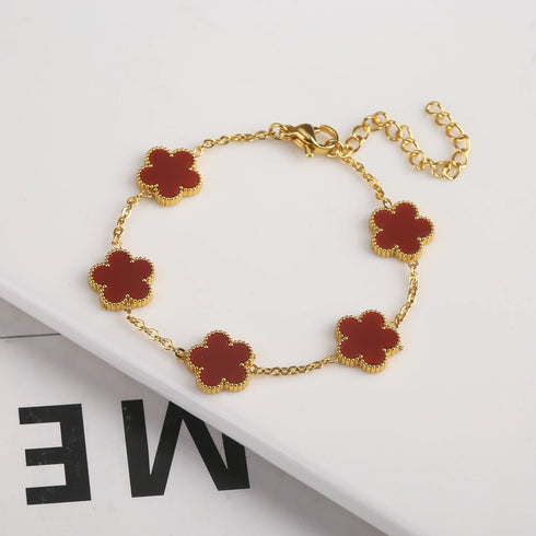 Adjustable Gold-Plated Stainless Steel Plant Flower Bracelet for Women – Trendy Clover Design with Five Leaf Petals, Waterproof & Anti-Allergic Jewelry Gift